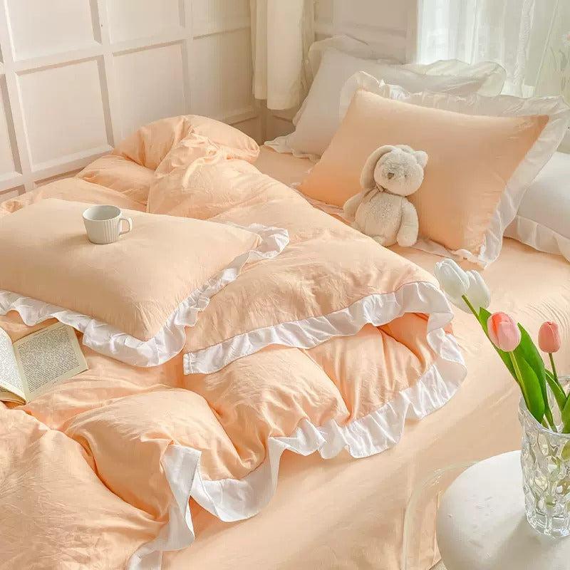 Korean Ins Cute Bedding Set Ruffle Pillowcase Cotton Flat Bed Sheets Queen  Size Simple Girl Princess