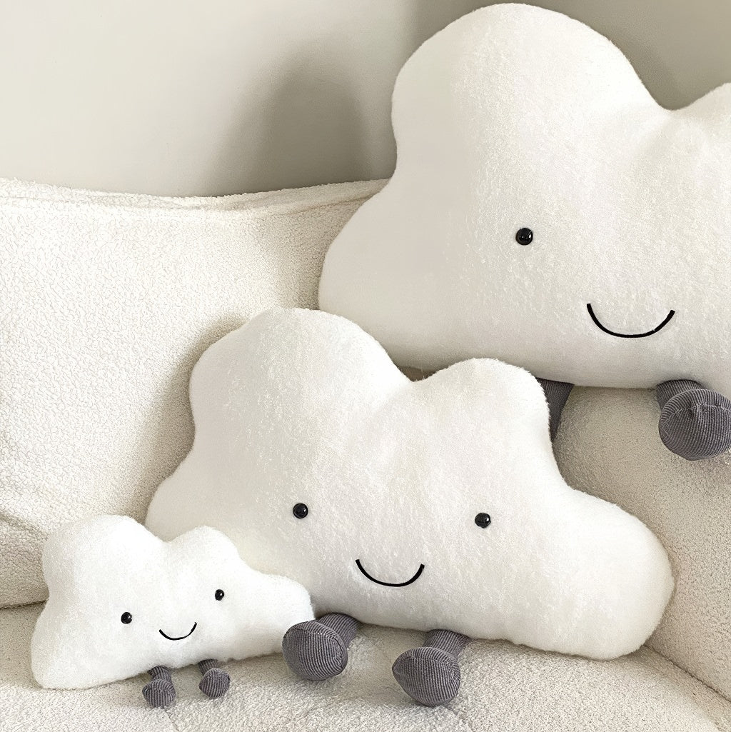 soft plush cute cloud shaped throw accent pillow with embroidered smile face