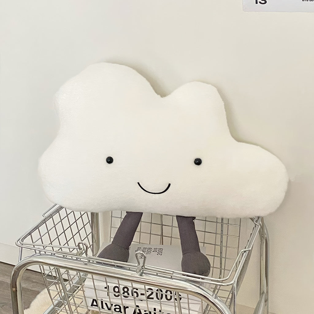 soft plush cute cloud shaped throw accent pillow with embroidered smile face