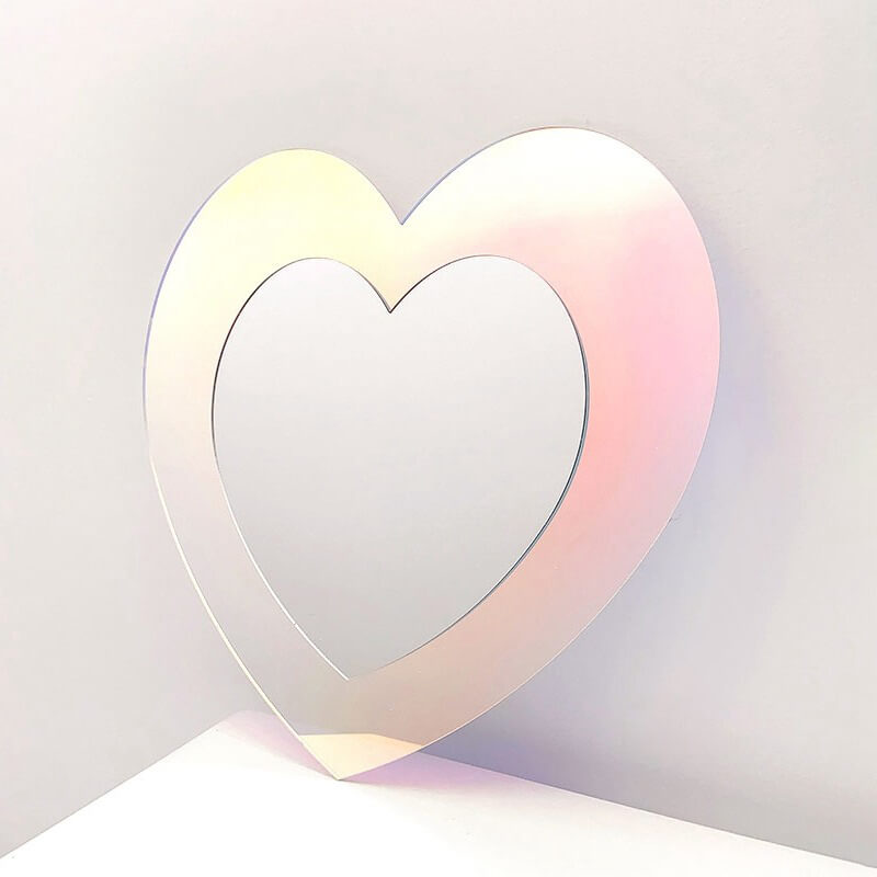 aesthetic heart shaped mirror made of iridescent specular acrylic 