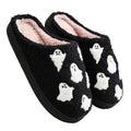 Plush black ghost slippers with white ghost patterns and soft fuzzy lining
