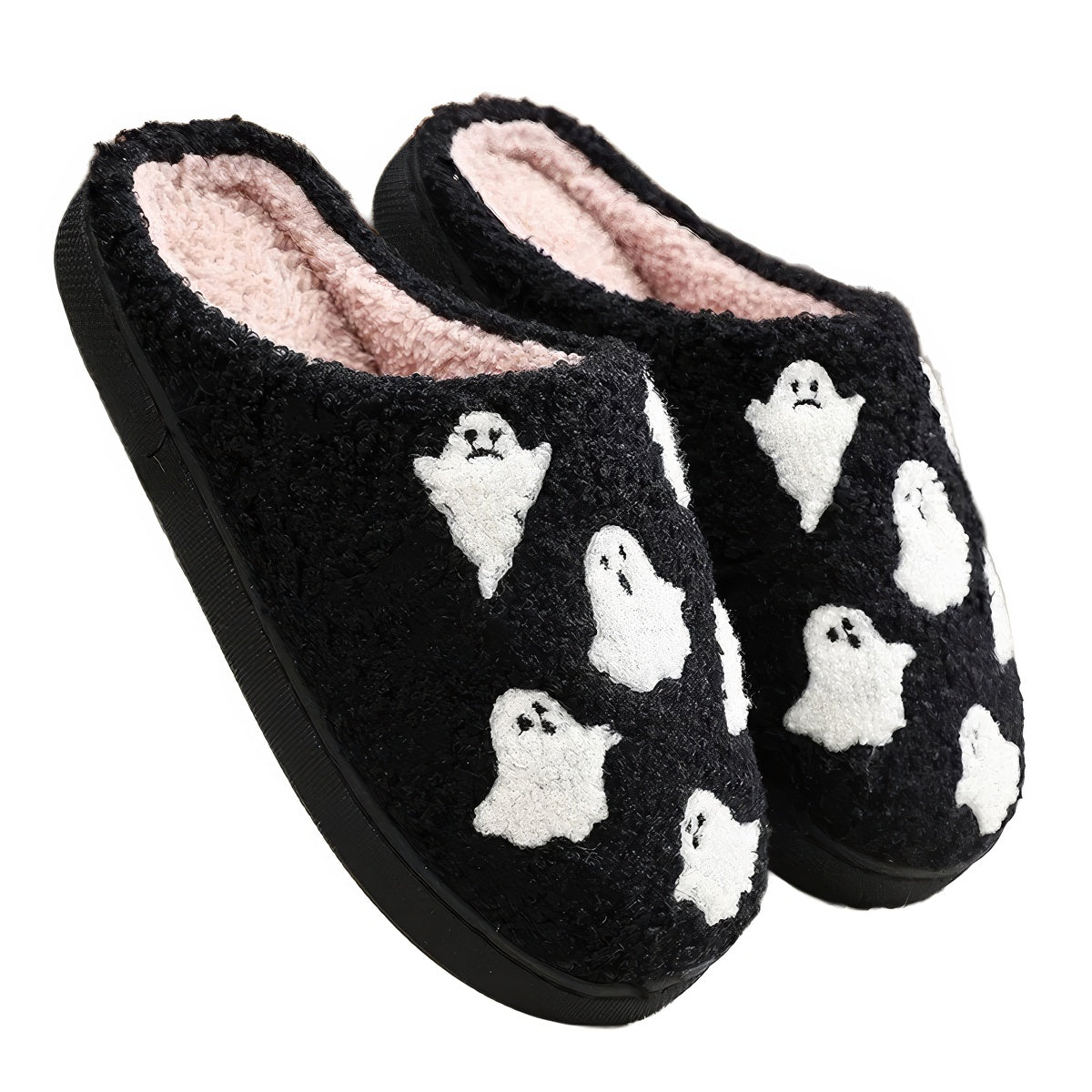Plush black ghost slippers with white ghost patterns and soft fuzzy lining