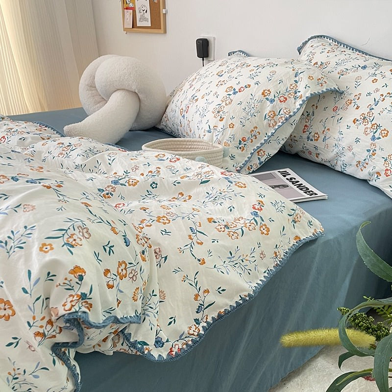 blue wildflowers print with blue thread stitched edge cute bedding set roomtery aesthetic bedroom decor