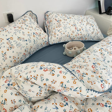 blue wildflowers print with blue thread stitched edge cute bedding set roomtery aesthetic bedroom decor