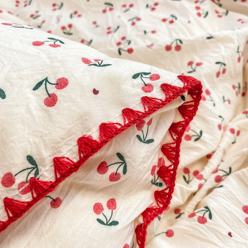 red thread stitched edge red cherries print bedding duvet cover set roomtery aesthetic bedroom decor