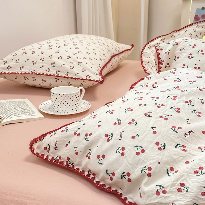 red thread stitched edge red cherries print bedding duvet cover set roomtery aesthetic bedroom decor