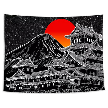 sunset above japanese temple wall hanging aesthetic tapestry roomtery