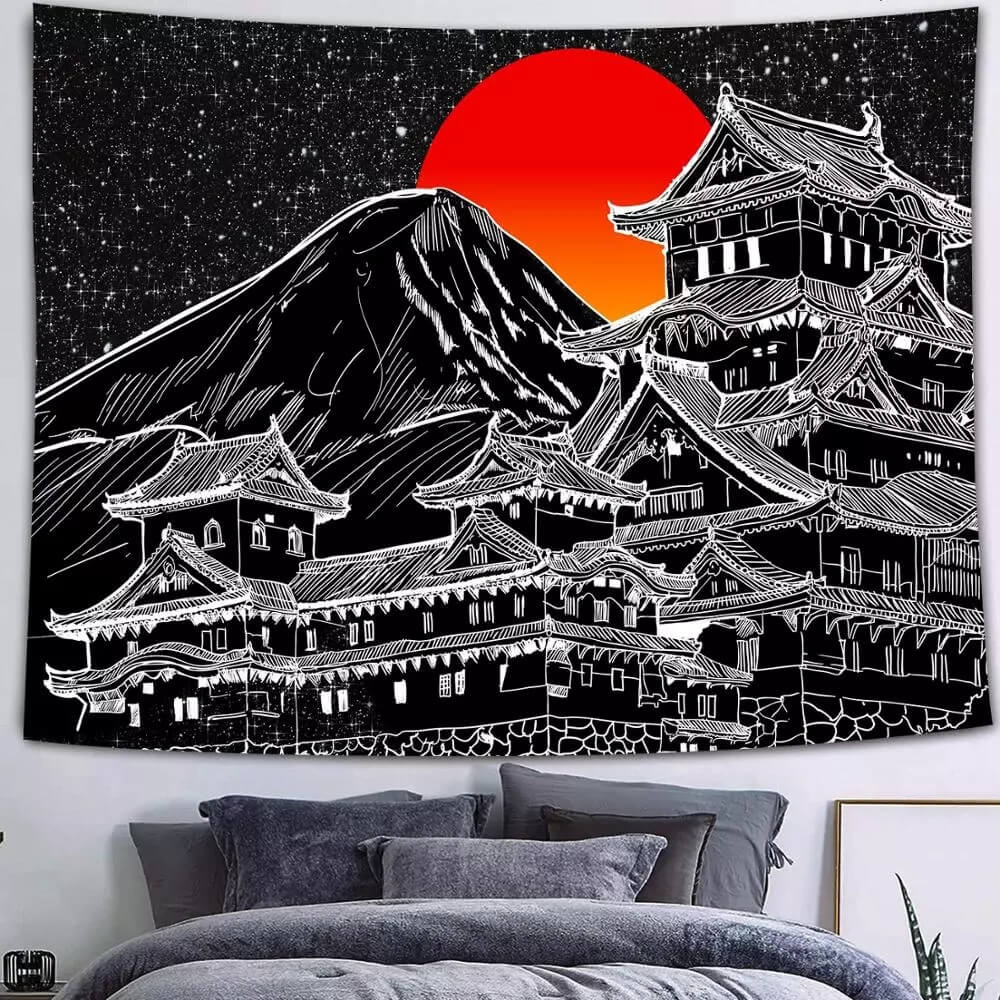 sunset above japanese temple wall hanging aesthetic tapestry roomtery