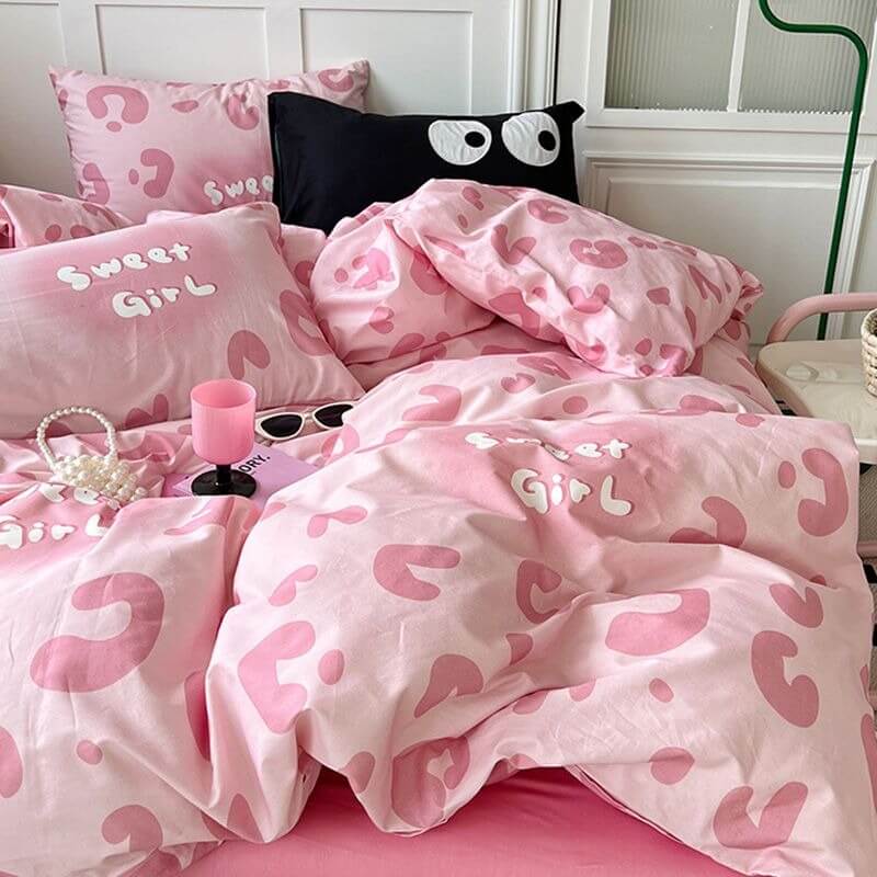 Sweet Girl Pink Leopard Print Bedding Set Aesthetic Bedding roomtery