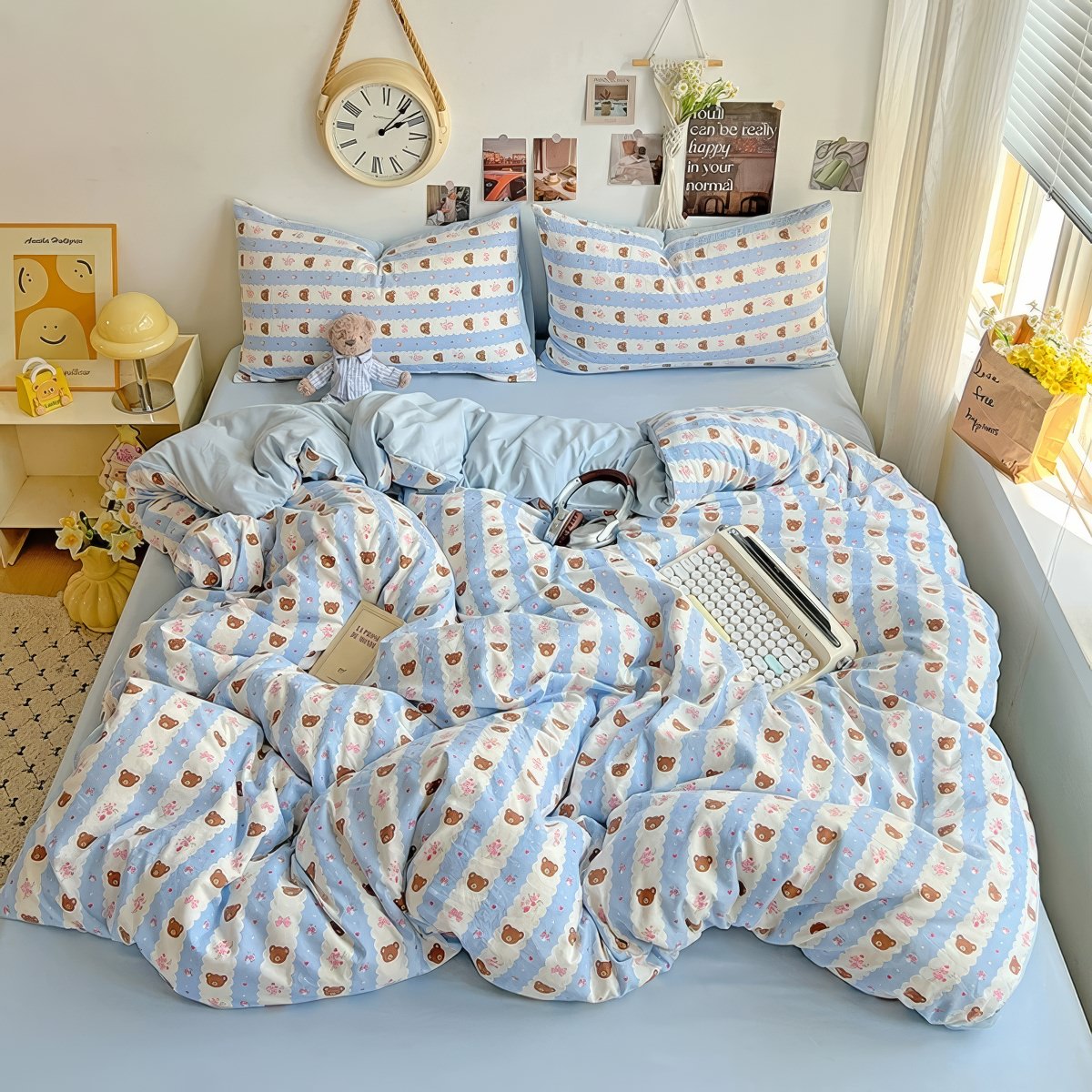 kawaii teddy bear print light blue and white striped bedding duvet cover set 