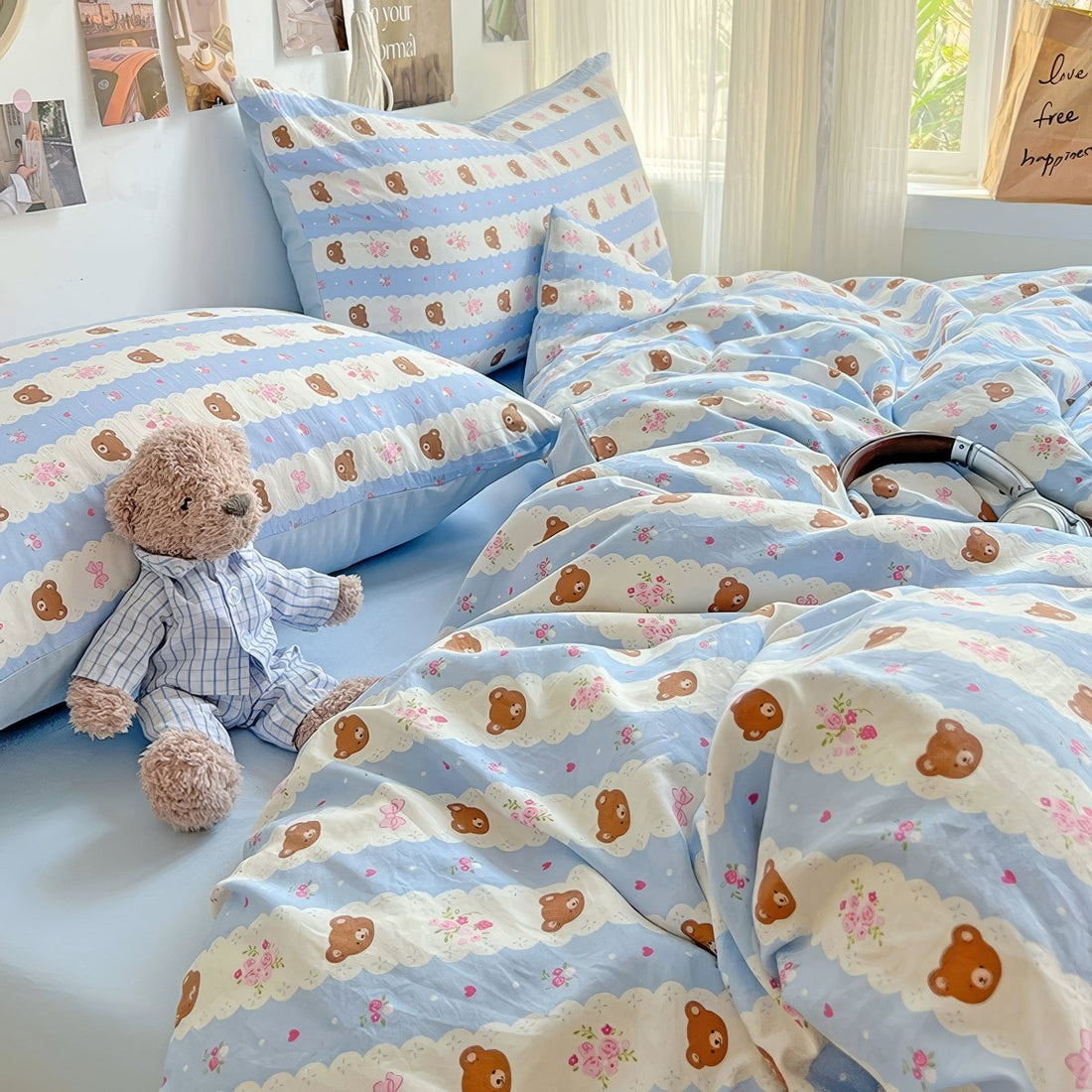 kawaii teddy bear print light blue and white striped bedding duvet cover set 