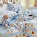 kawaii teddy bear print light blue and white striped bedding duvet cover set 
