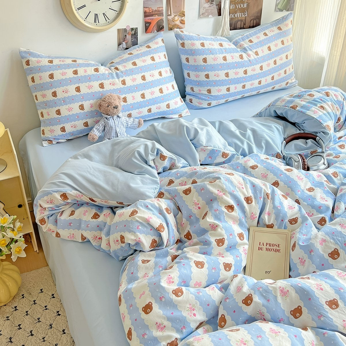 kawaii teddy bear print light blue and white striped bedding duvet cover set 