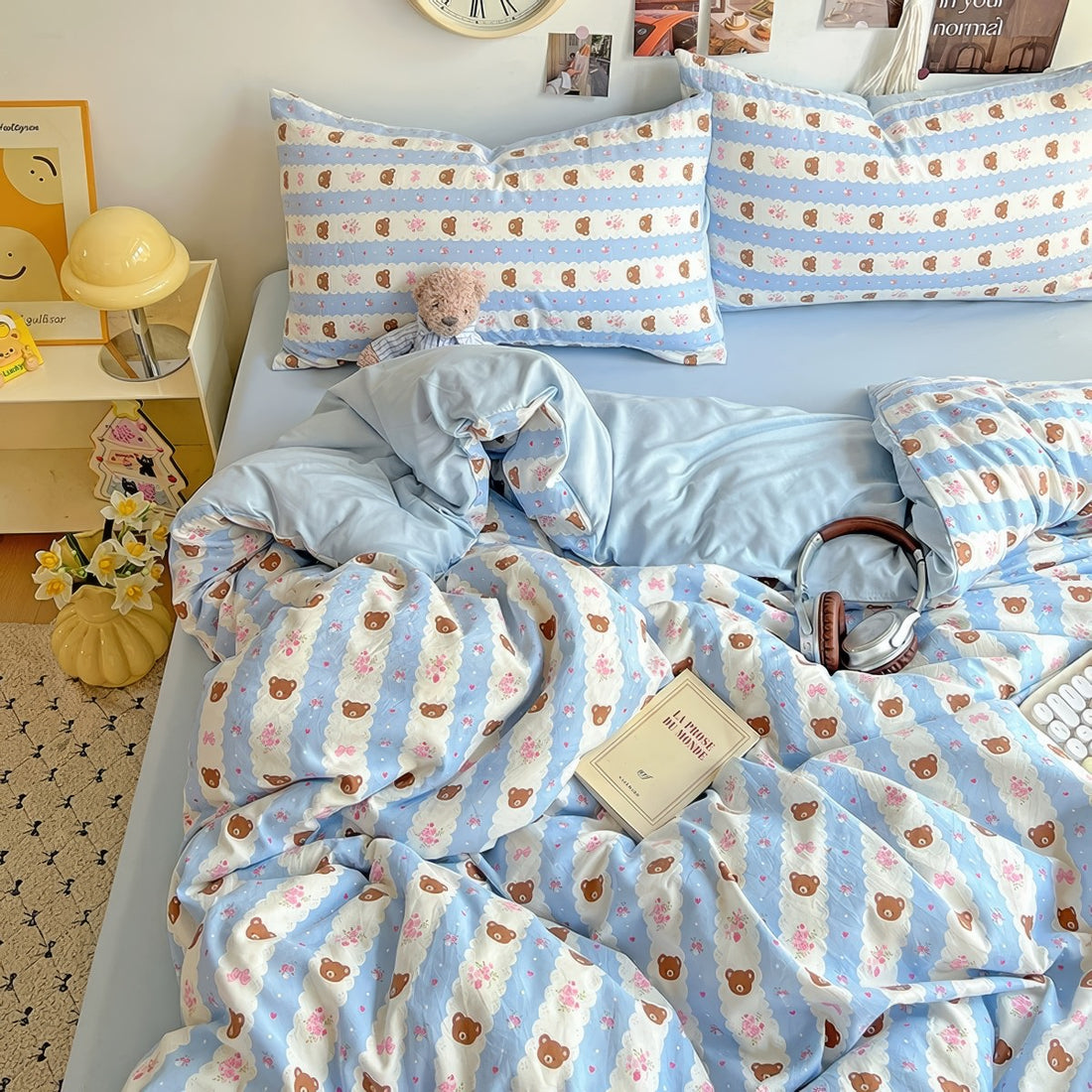 kawaii teddy bear print light blue and white striped bedding duvet cover set 