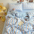 kawaii teddy bear print light blue and white striped bedding duvet cover set 