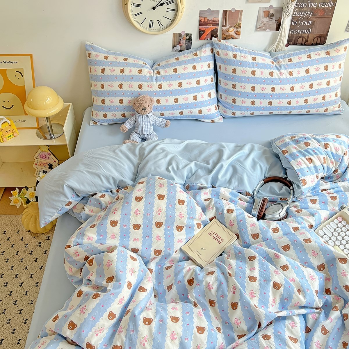 kawaii teddy bear print light blue and white striped bedding duvet cover set 