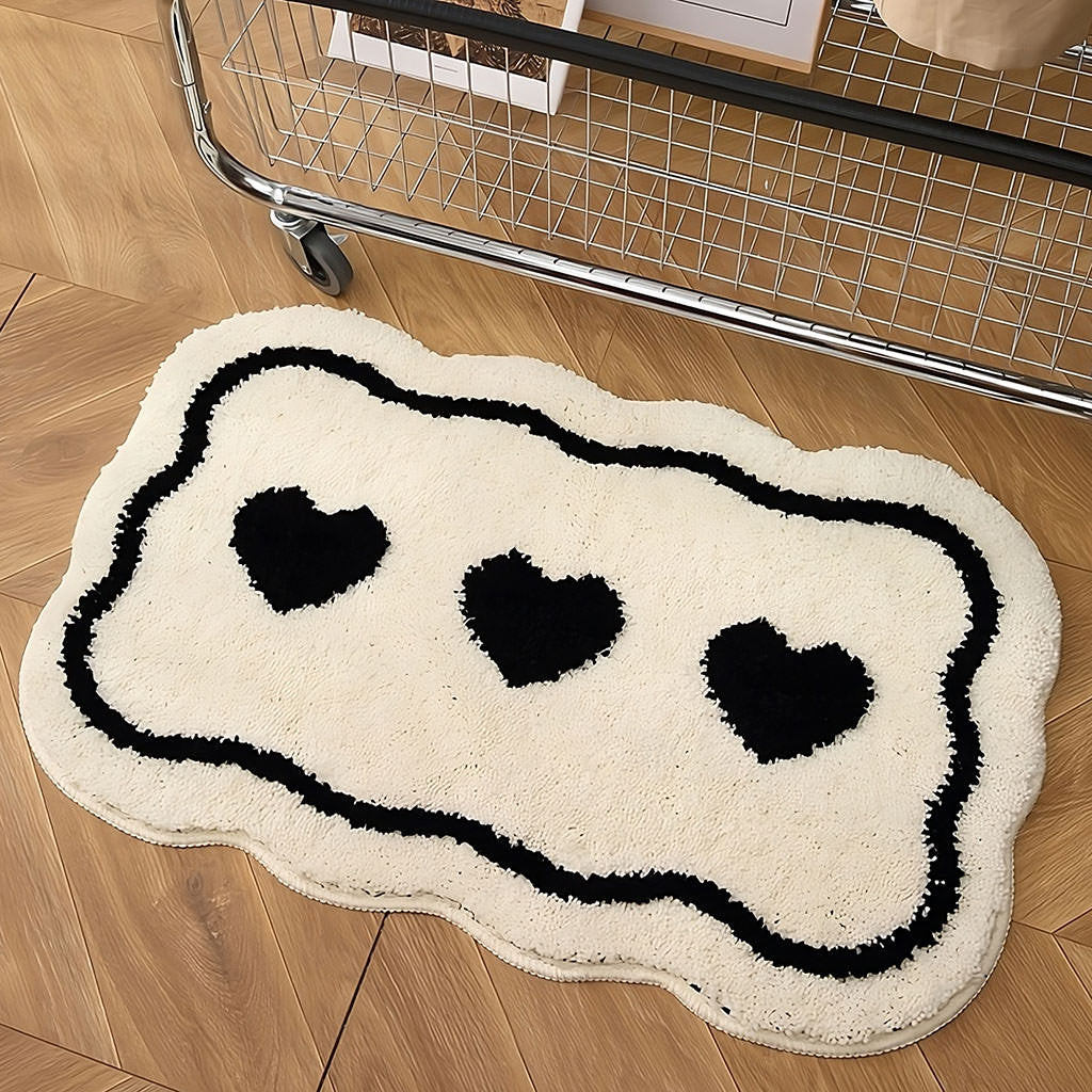 three hearts black white tufted rug