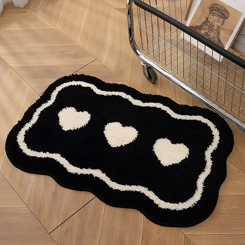 three hearts black white tufted rug