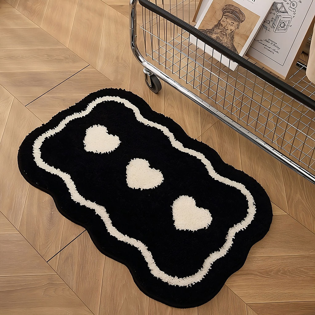 three hearts black white tufted rug