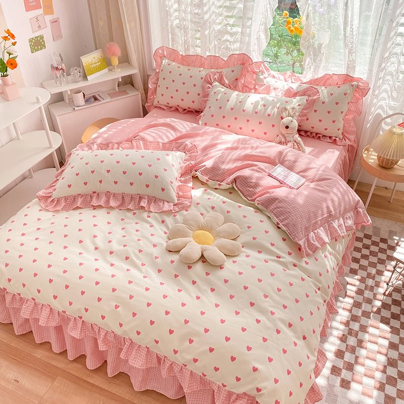 kawaii pink heart print aesthetic bedding duvet cover set with ruffles roomtery