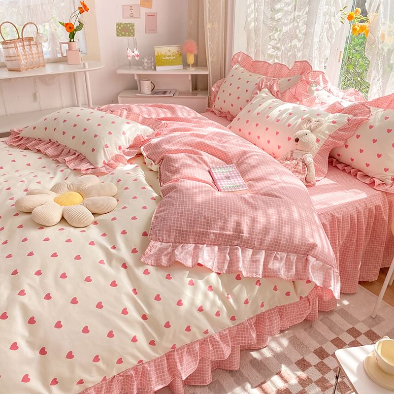 kawaii pink heart print aesthetic bedding duvet cover set with ruffles roomtery