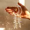 Cream ivory crescent moon dream catcher suncatcher with woven macrame web, cascading iridescent crystal bead strands and AB moon charms