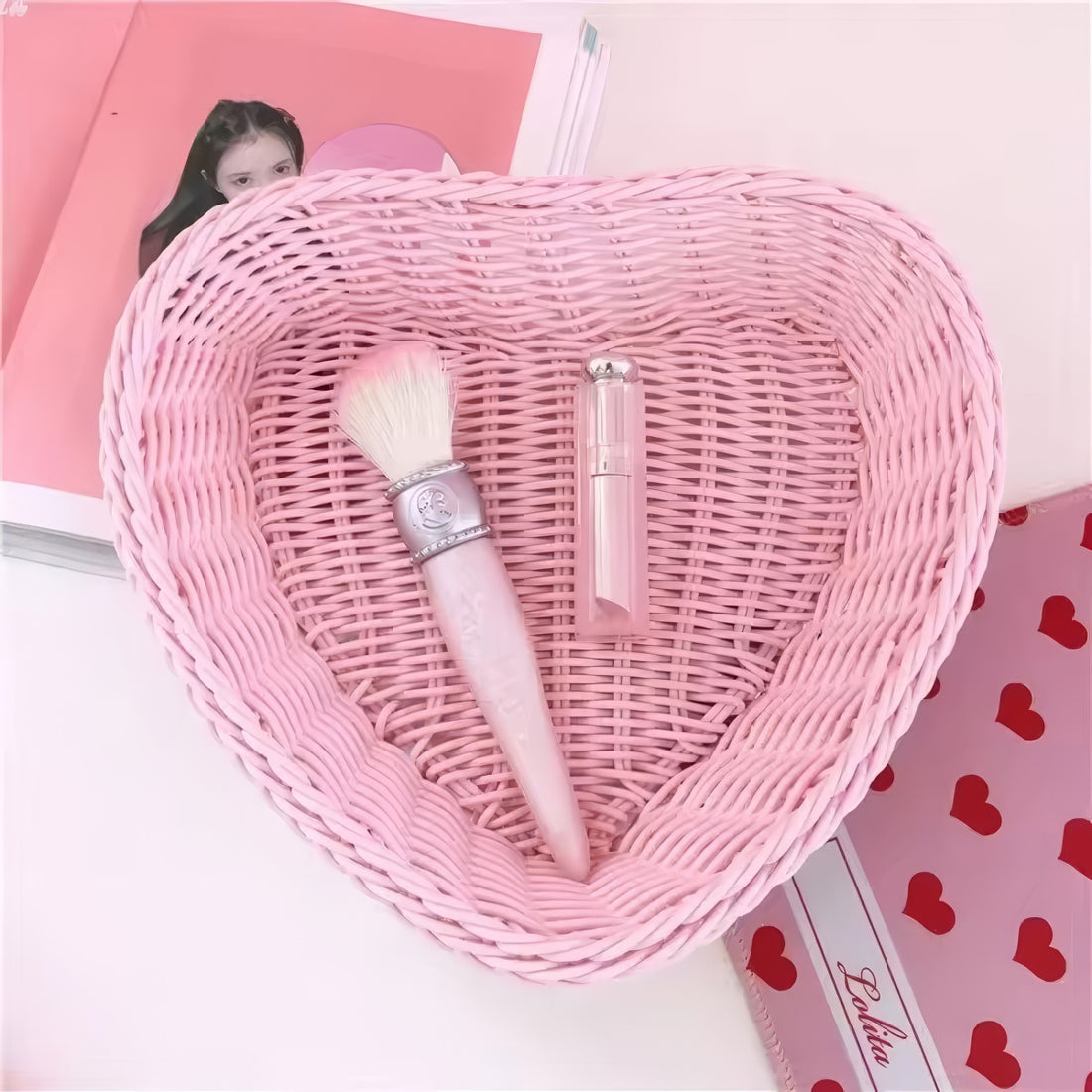 Heart-shaped pastel woven baskets in pink, mint, and lavender used for cute storage and desk organization.