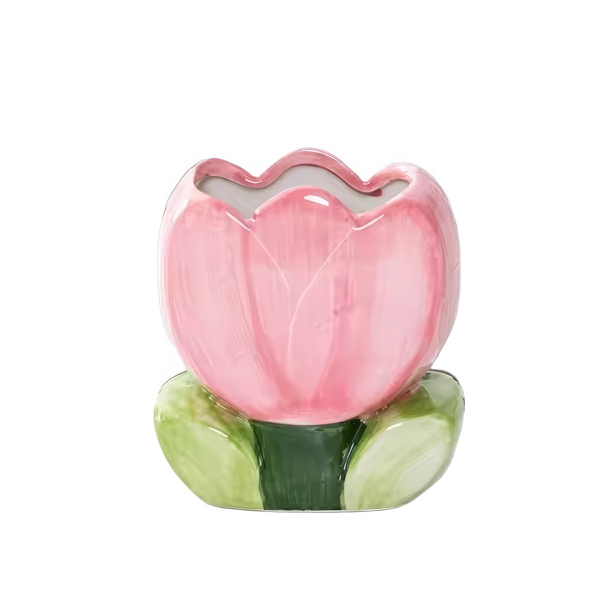 A pink tulip-shaped ceramic planter or candle holder with a green stem and leaves