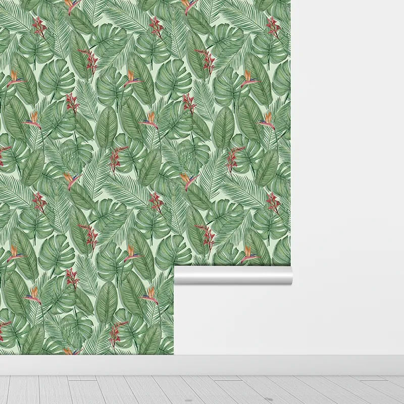 tropical leaves pattern print peel and stick wallpaper roomtery