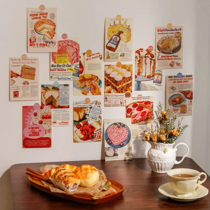 vintage aesthetic mid 50s print of sweets and pies wall collage card set roomtery room decor