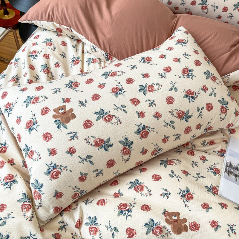vintage coquette red roses with bears print bedding duvet cover set roomtery