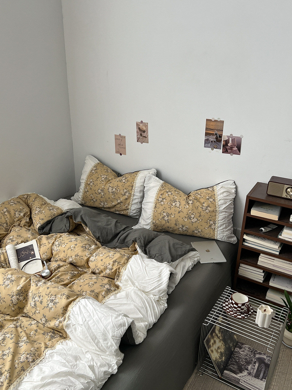 golden floral print cottagecore aesthetic bedding duvet cover set