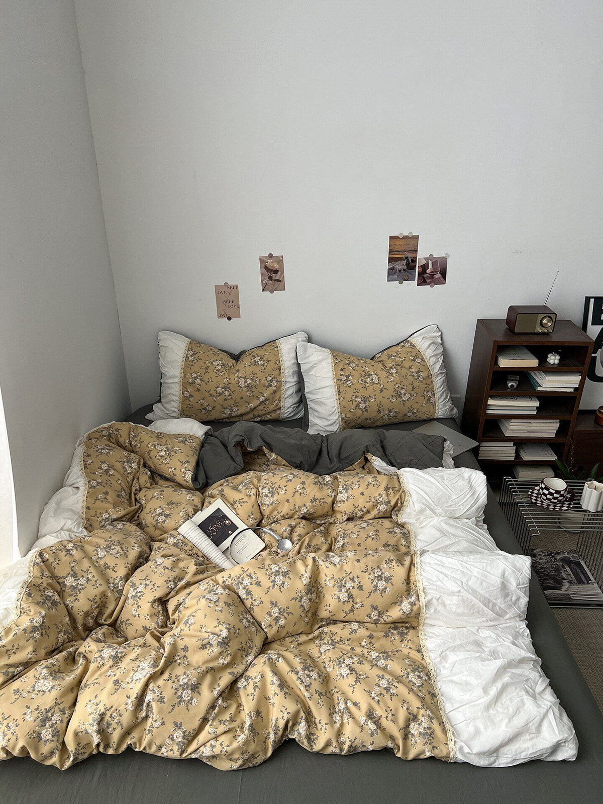 golden floral print cottagecore aesthetic bedding duvet cover set