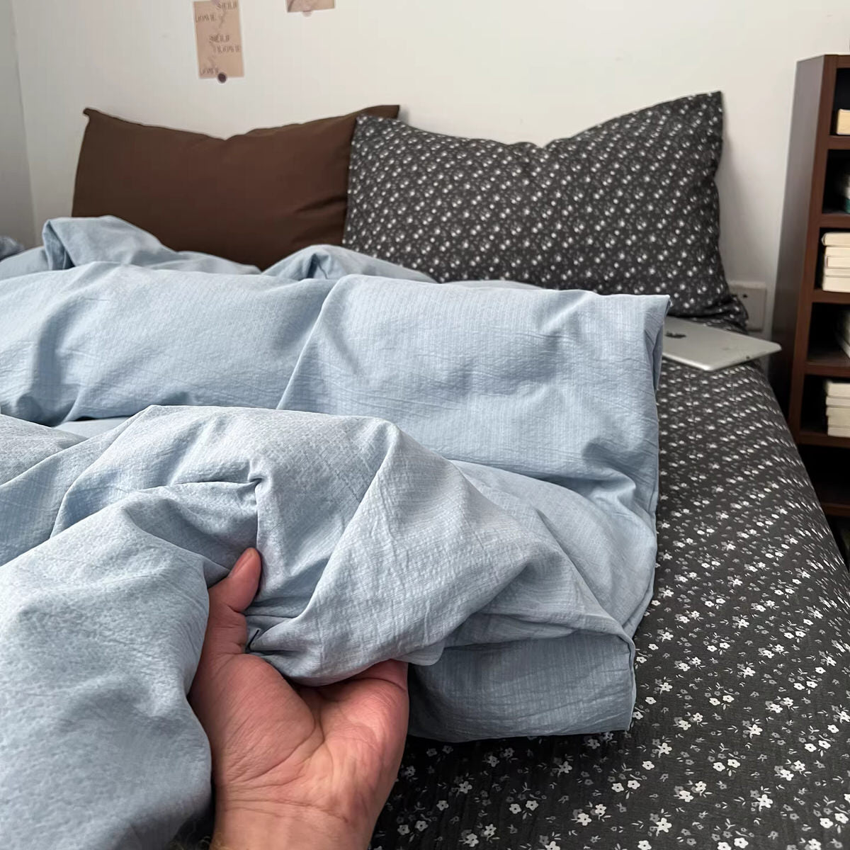Dark academia bedding set with sky blue washed duvet cover and charcoal ditsy floral fitted sheet