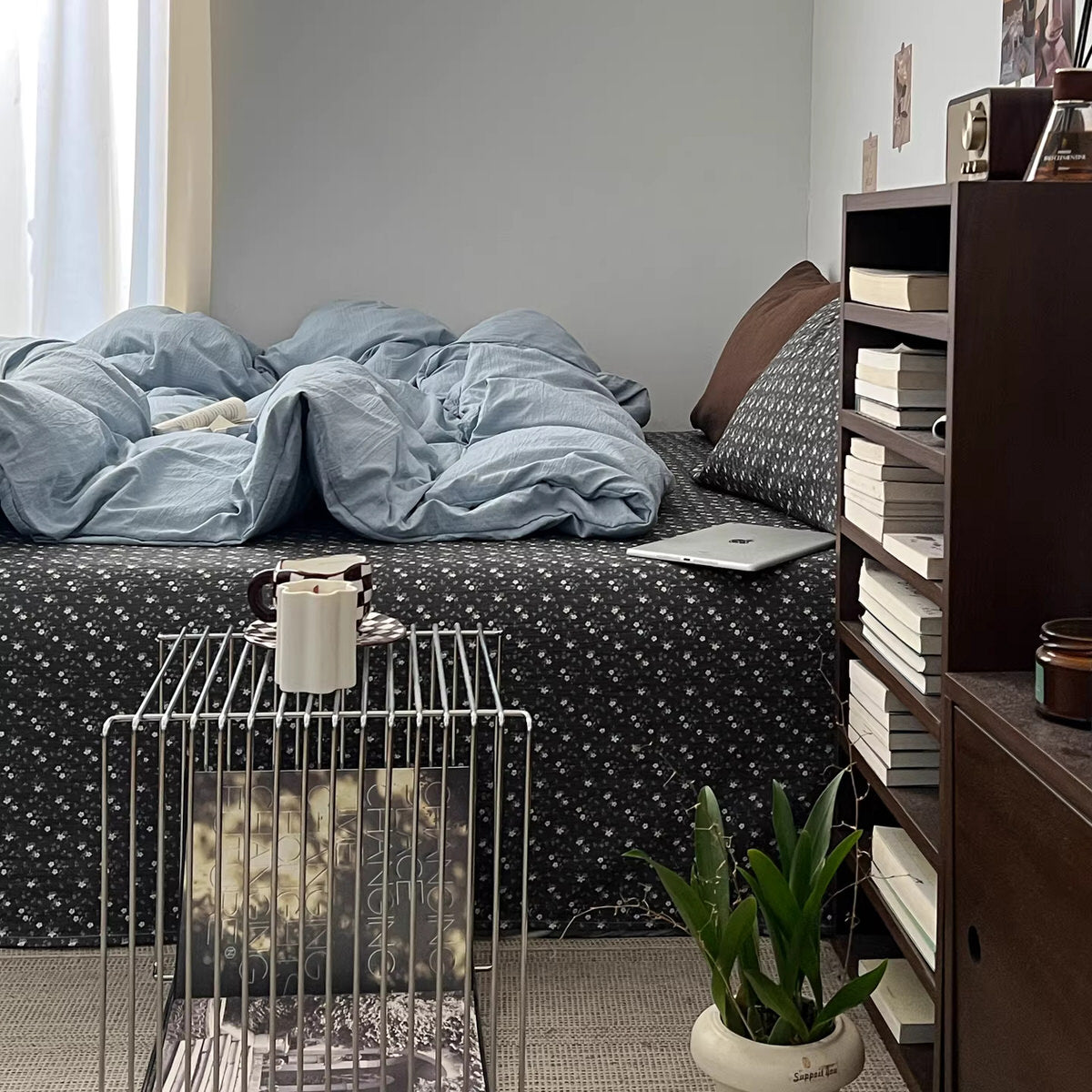 Dark academia bedding set with sky blue washed duvet cover and charcoal ditsy floral fitted sheet