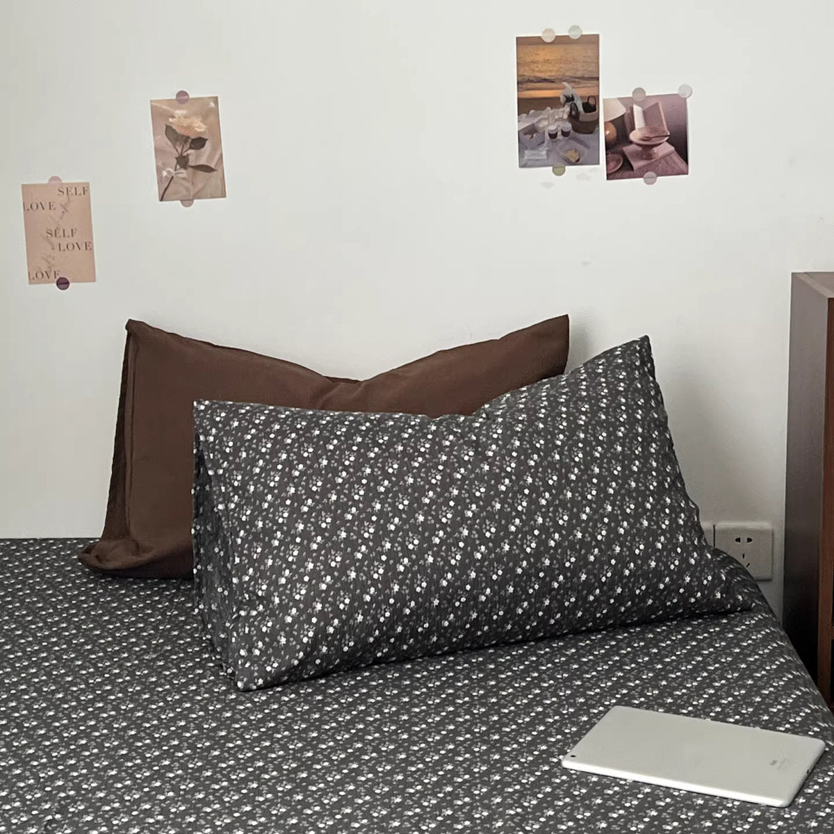 Dark academia bedding set with sky blue washed duvet cover and charcoal ditsy floral fitted sheet