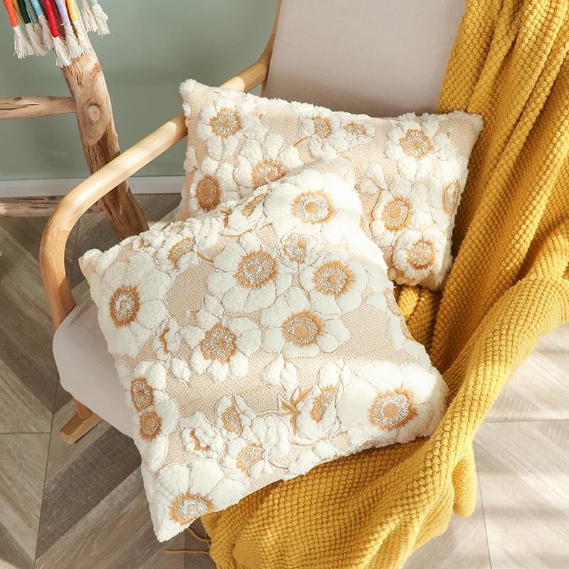 vintage embroidered fluffy flower aesthetic cushion cover roomtery