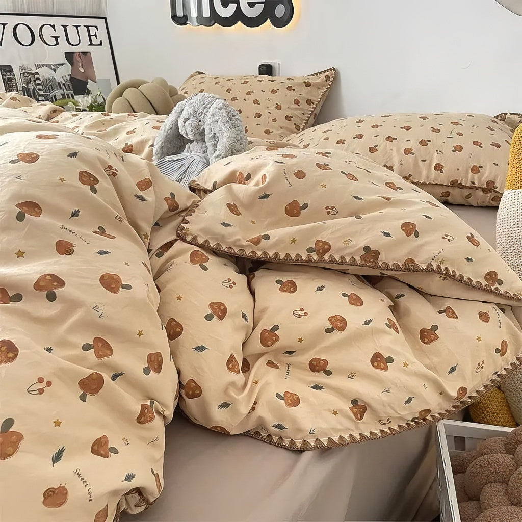 vintage forest mushrooms print in brown shades aesthetic bedding duvet cover set