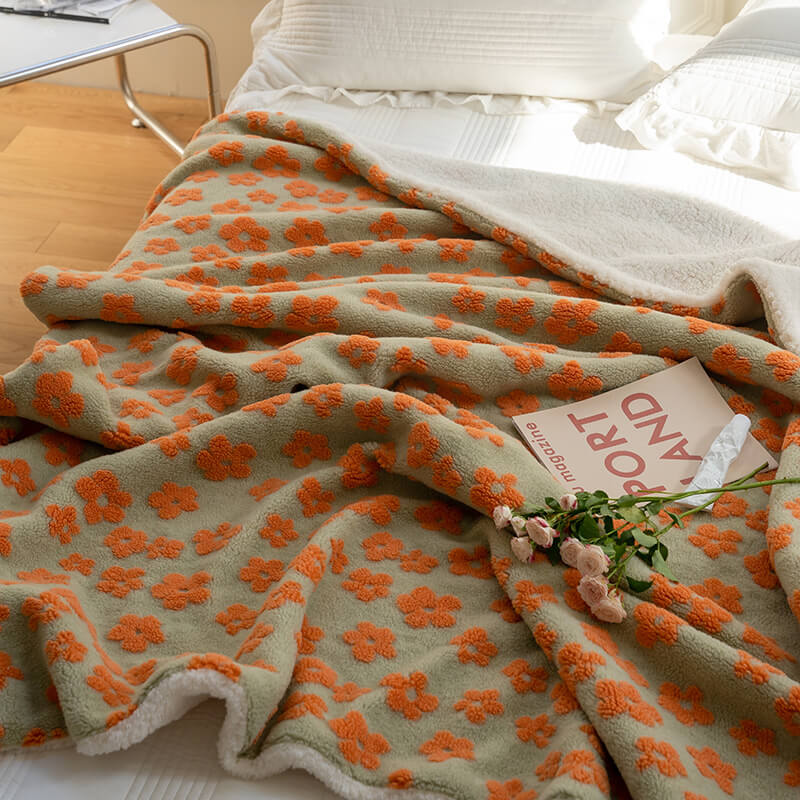 orange chamomile flower print furry fluffy throw blanket decor roomtery