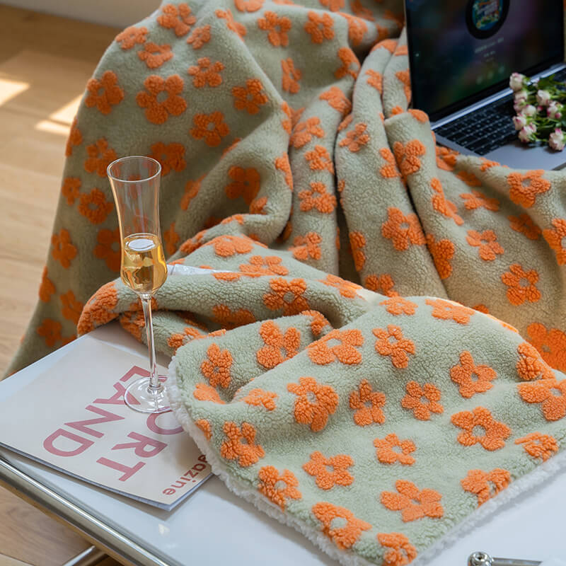 orange chamomile flower print furry fluffy throw blanket decor roomtery