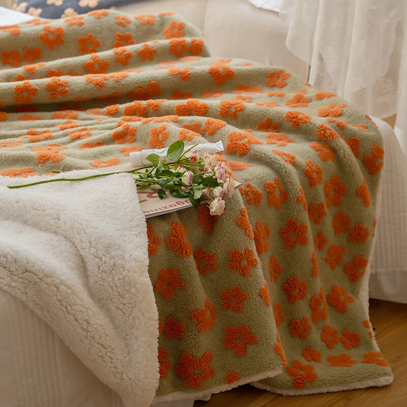 orange chamomile flower print furry fluffy throw blanket decor roomtery