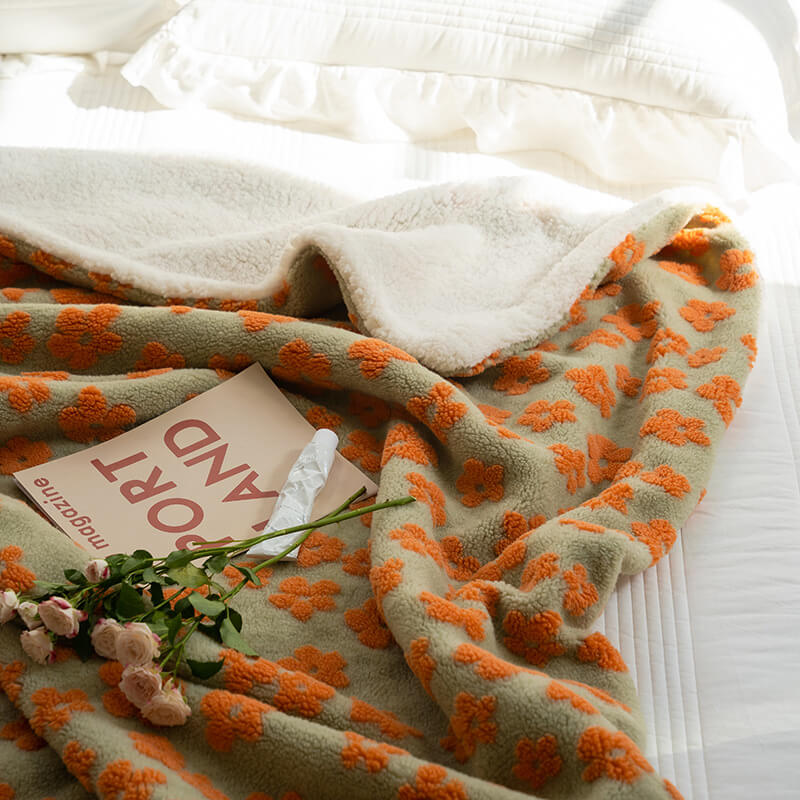 orange chamomile flower print furry fluffy throw blanket decor roomtery