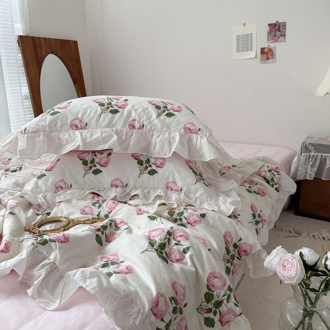 vintage pale pink roses print summer quilt bedding set