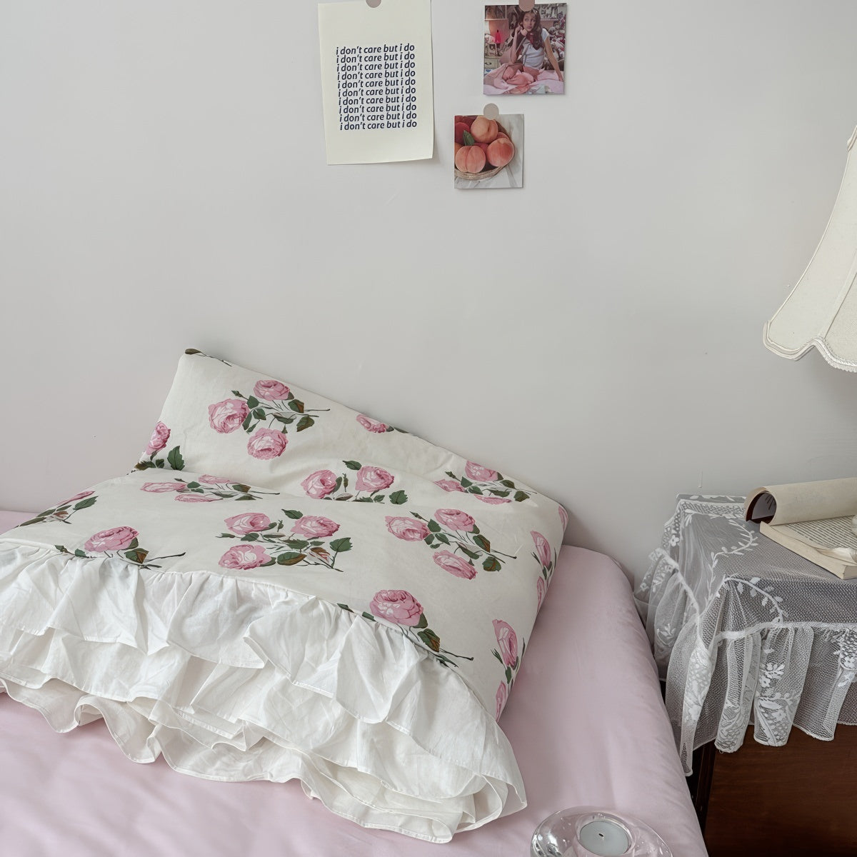 vintage pale pink roses print summer quilt bedding set
