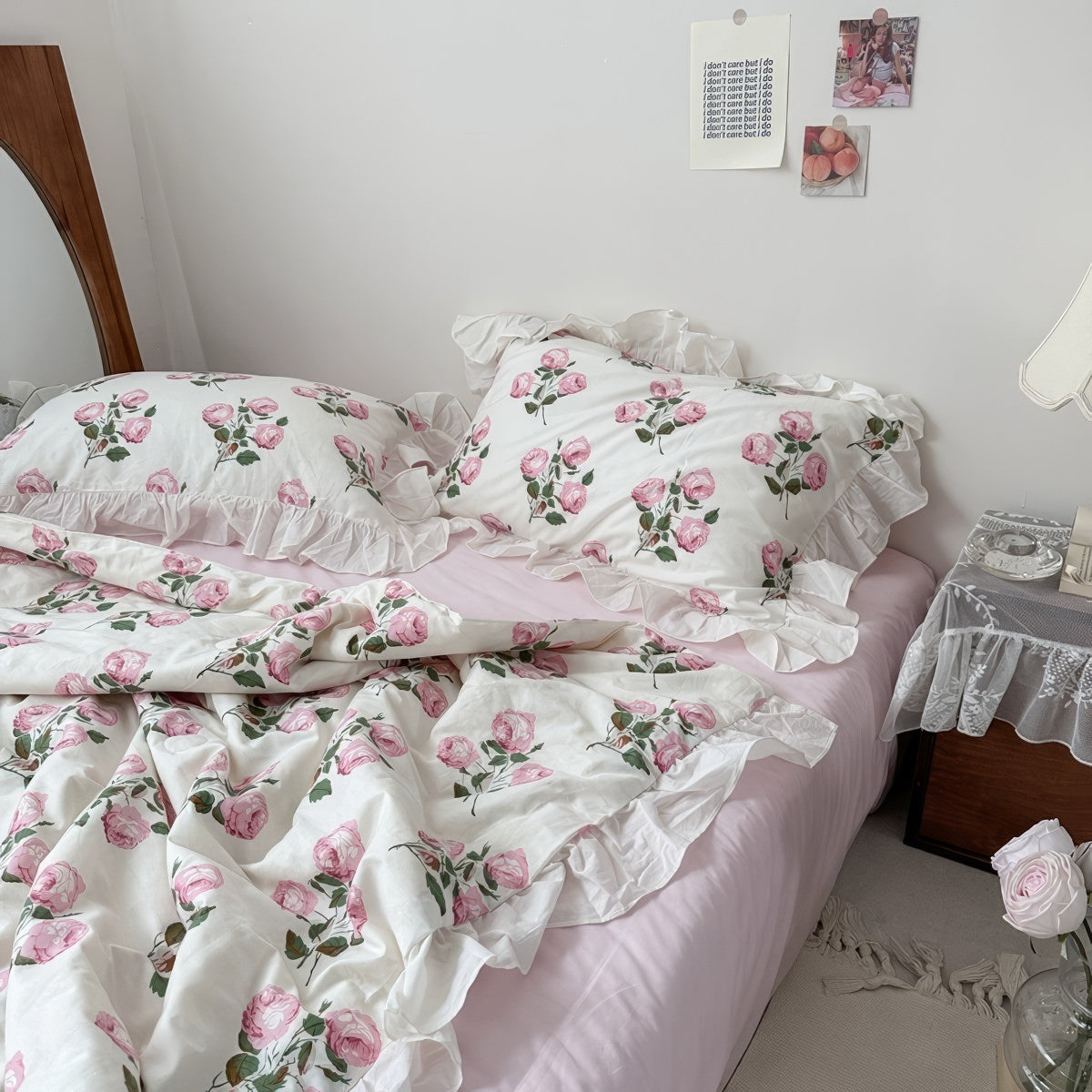 vintage pale pink roses print summer quilt bedding set