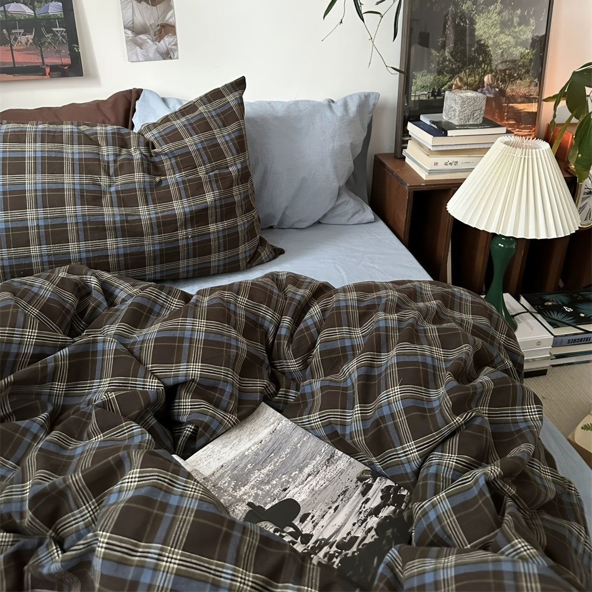 vintage checkered plaid dark academia aesthetic bedding duvet cover set