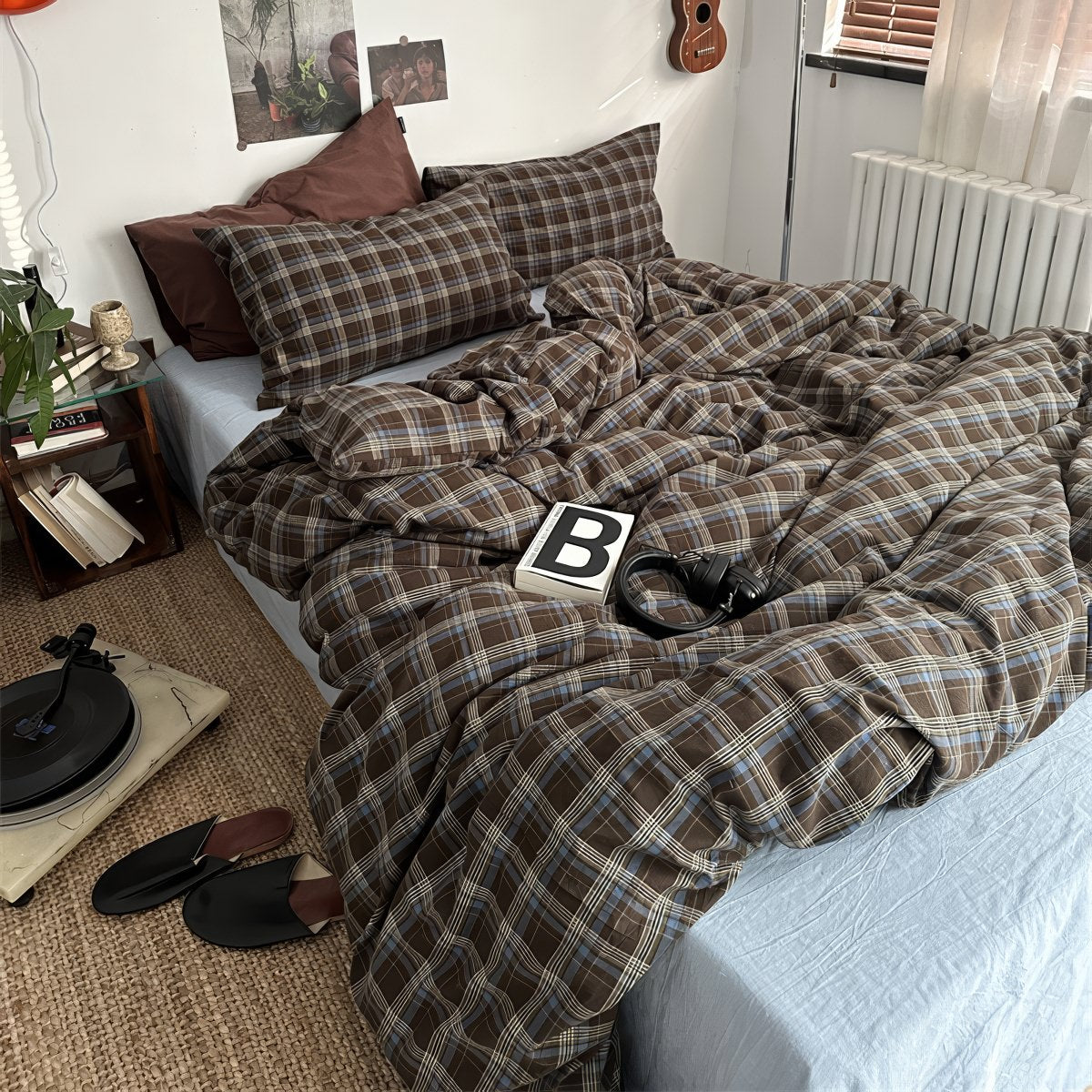 vintage checkered plaid dark academia aesthetic bedding duvet cover set
