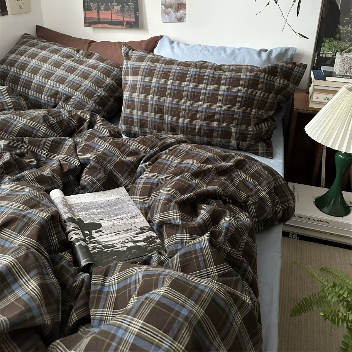 vintage checkered plaid dark academia aesthetic bedding duvet cover set