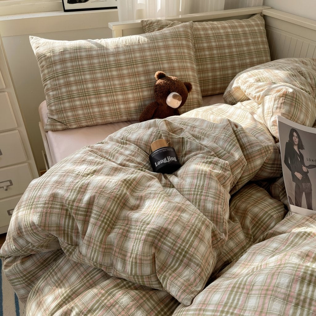 vintage pastel plaid pattern print aesthetic bedding duvet cover set 