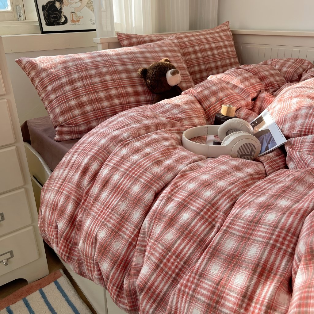 vintage pastel plaid pattern print aesthetic bedding duvet cover set 